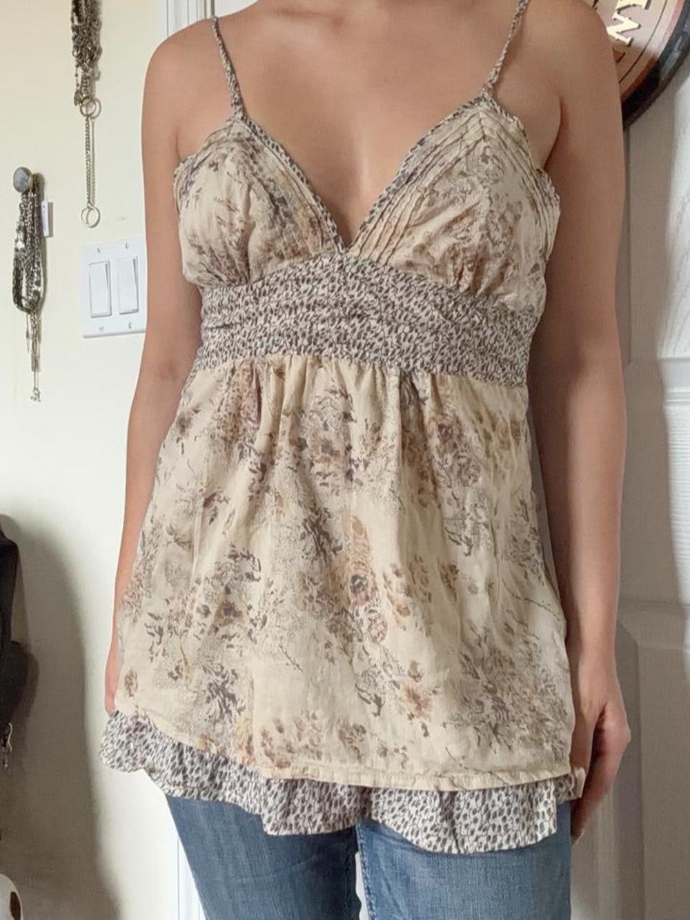 Smocked V-Neck Floral Spaghetti Strap Top - Cream